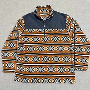 Roper Mens Large Fleece 1/4 Zip Pullover Southwestern Aztec Orange Navy Blue